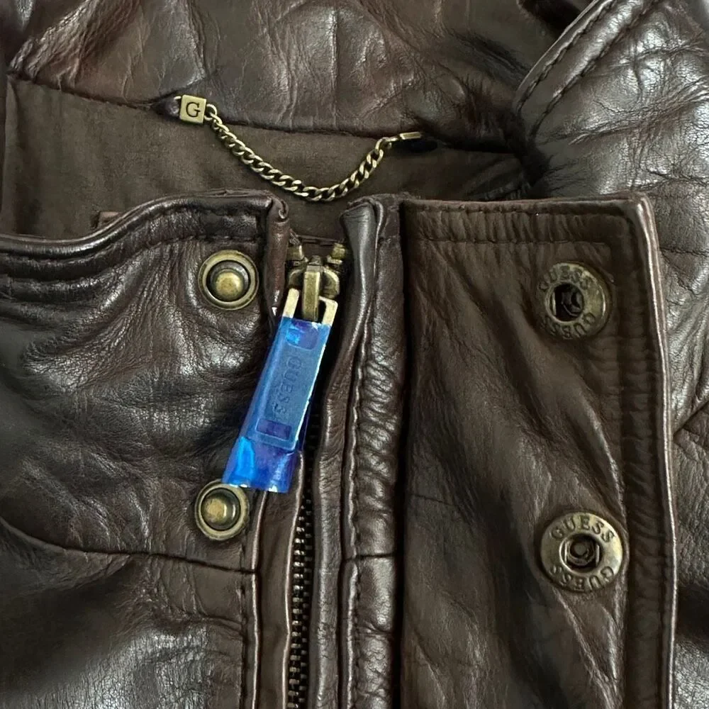 GUESS Brown Leather Moto Field Jacket XL – Genuine Leather – Rare 11PLA1001